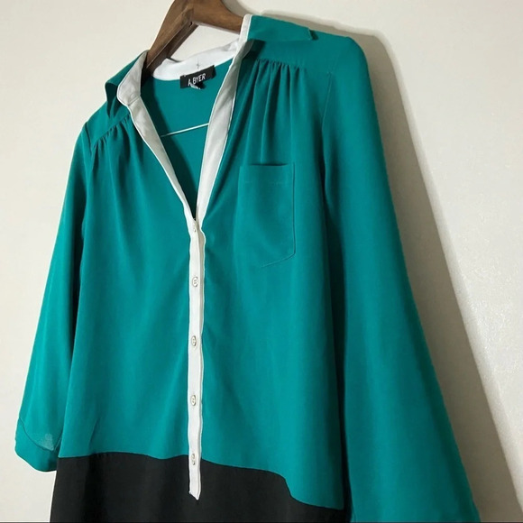 Colorblock Top Tunic Style Blouse Button Shirt Size Large Green Black 3/4 Sleeve - Picture 2 of 8